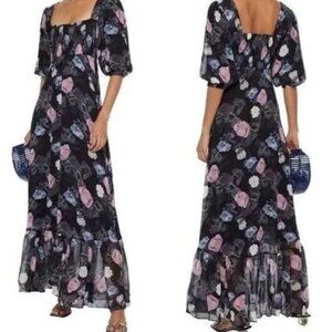 NICHOLAS reformation selkie long sleeve Black Floral rose Silk Maxi Dress xs 0 2